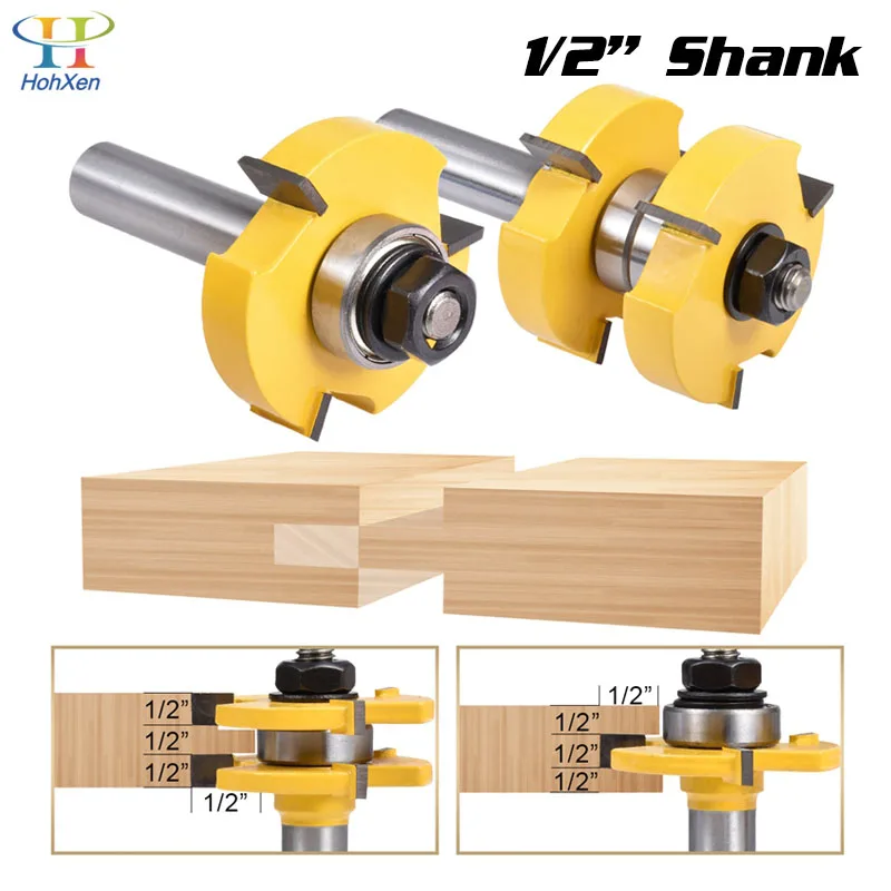 

2 pc 1/2'' Shank High Quality Tongue Groove Joint Assembly Router Bits Set Stock Wood Cutting Tool Milling Cutters 12.7mm Shank