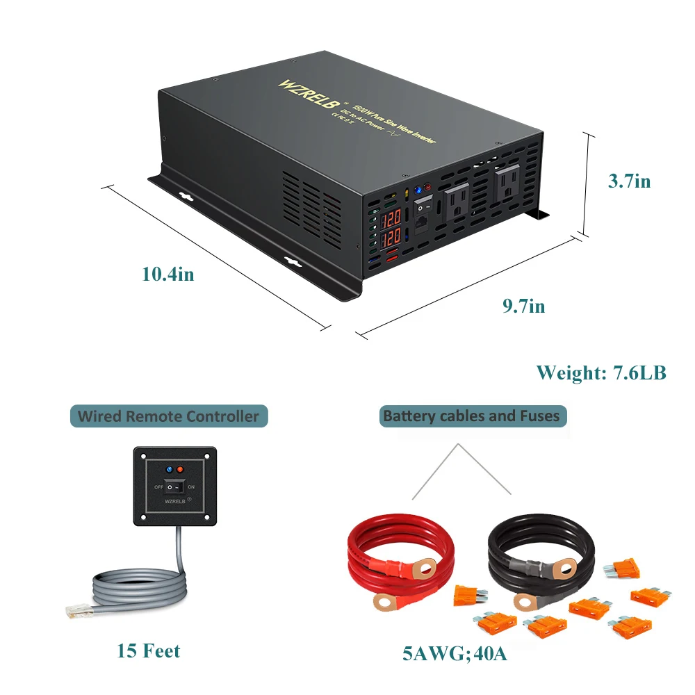 

Wired Control Pure Sine Wave Inverter 1500W Solar Power Inverter 12V/24V/48V/72V/96V/110V DC to AC 110V/120V/220V/240V Converter