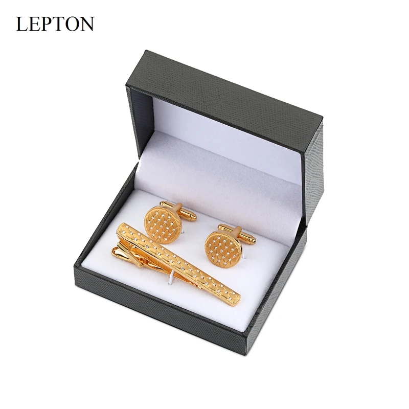 

New arrival Gold Color Cufflinks Tie Clips Sets Crystal Tie Pin For Lepton Men Cuff links and Tie Clip Set Wedding Best Gift