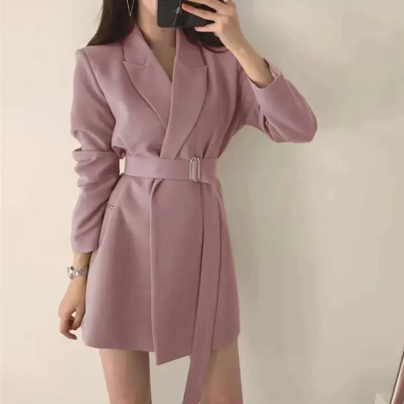 Veste longue avec ceinture pour femme, blazers, cardigan, manteau, vêtements d'extérieur, femme, bureau, style anglais, mode, printemps, automne