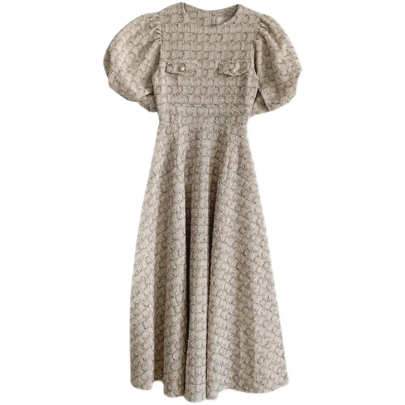 Imagem -06 - Estilo Francês Vintage Pequena Fragrância Tweed Grande Balanço Vestido Mulheres Puff Manga Slim Alta Wasit Uma Linha Vestido Longo