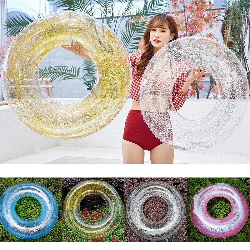 Transparent Inflatable Swim Tube Glitter Raft Round Swim Ring for Summer Pool JAN88