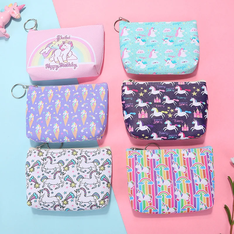 Women Girl Unicorn Printing Mini Portable Bags Fashion PU Coin Purse Card Holder Wallet Key Zipper Pouch Make up Cartoon Bag