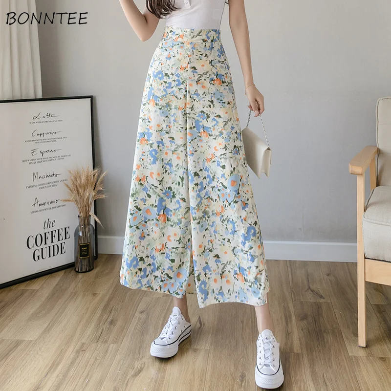 

Wide Leg Pants Womens High Waist Floral Sweet Elegant Fashionable Loose Summer Ulzzang Chiffon Breathable Stylish Trousers Ins