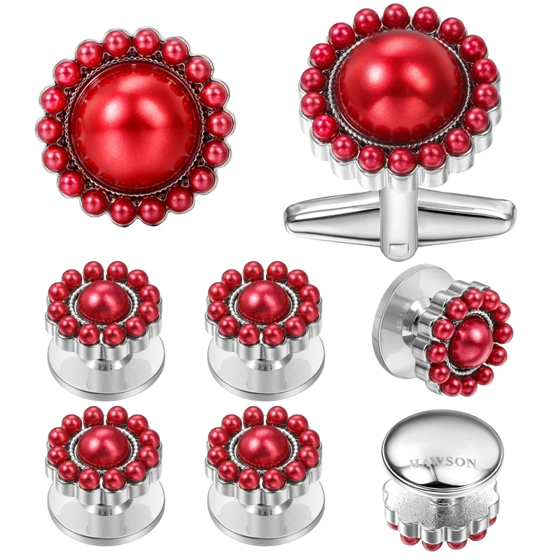 

HAWSON New Arrival 8 Pcs Cufflinks and Studs Designed for Men Classic Red and Black Pearl Cuff Links Set with HAWSON's LOGO