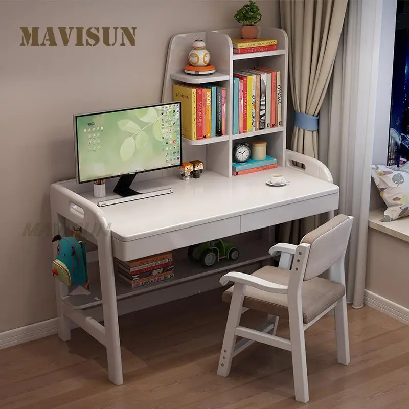 Mesa de madera para niños, mesa de estudio para estudiantes, para ordenador portátil, escritorio de ordenador para niñas, estantería con asiento ajustable