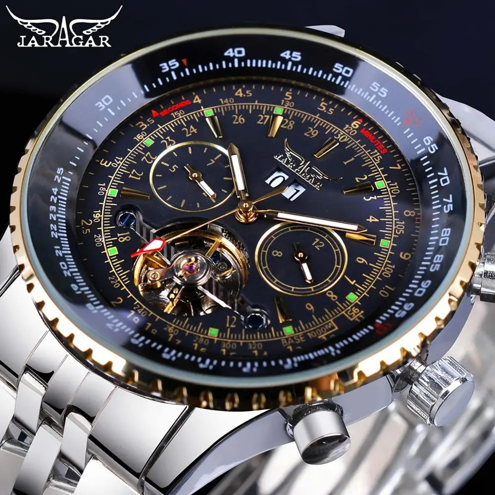 Jaragar 2017 – reloj con esfera dorada con bisel dorado para hombres, diseño de esfera de acero inoxidable, mecánico, automático, masculino