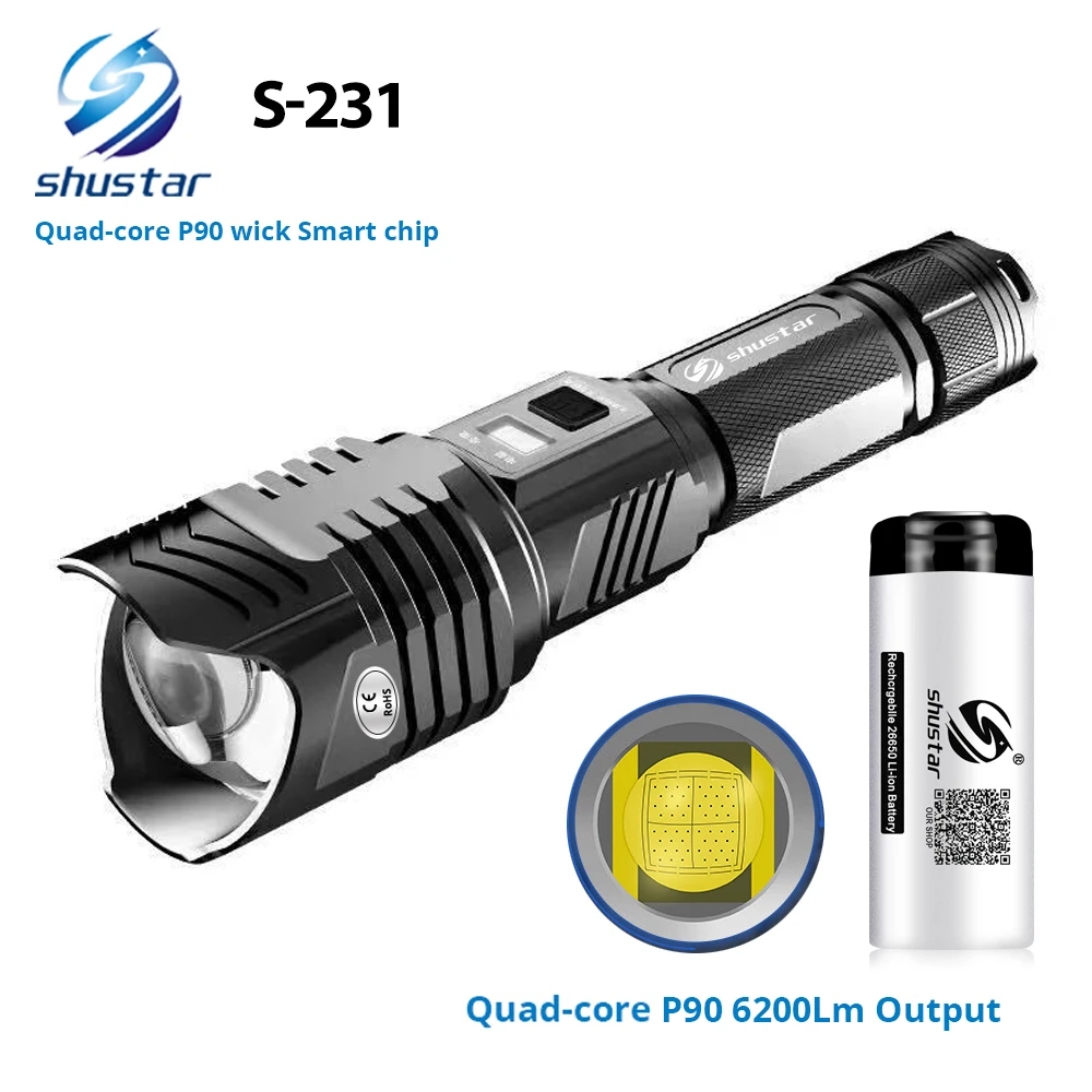 Quad-core XHP90 super bright LED Flashlight With smart chip Waterproof With bottom outdoor safety hammer By 26650 battery