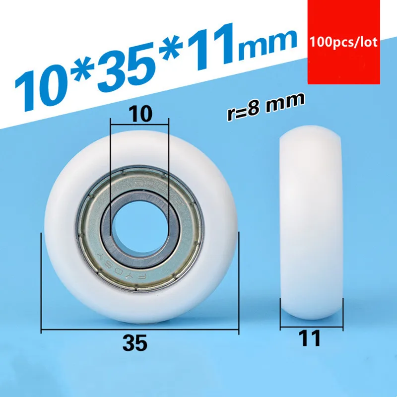 100pcs circular arc plastic coated bearing 6000ZZ 6000 10*35*11mm guide wheel POM nylon pulley mechanical hardware