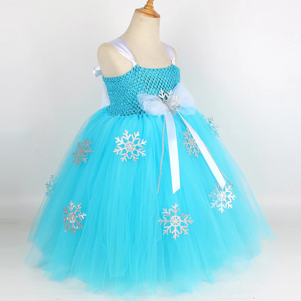 Skyblue Elsa Long Princess Dresses for Girls Snow Queen Christmas Cosplay Costume Kids Sparkly Snowflakes Xmas Party Tutu Outfit