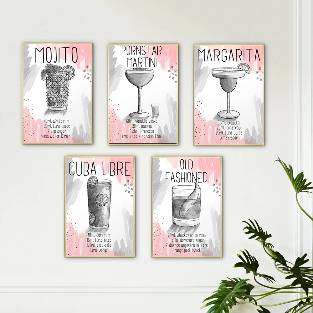 Classic Cocktail Recipe Poster Bar Pub Cafe Kitchen Wall Canvas Art Picture Red Wine Prints Nordic Modern Home Decor Frameless