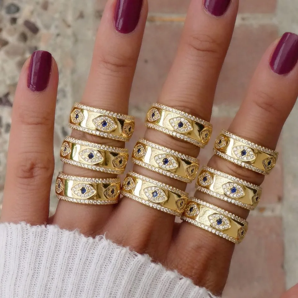 Engraved CZ Evil Eye Gold Color Wide Engagement Band Rings For Lady Women Party Gift Finger Jewelry Classic Summer Lucky Ring