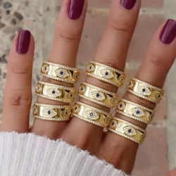 Engraved CZ Evil Eye Gold Color Wide Engagement Band Rings For Lady Women Party Gift Finger Jewelry Classic Summer Lucky Ring