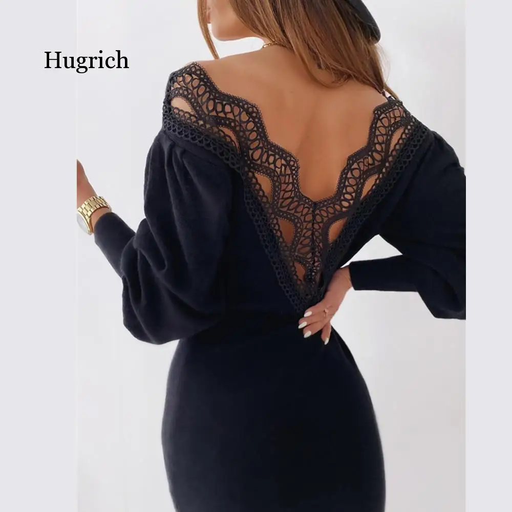 Autumn Dress Sexy Backless Hollow Lace Stitching V-Neck Long Sleeve Slim Dress Fashion Lantern Sleeve Bodycon Femme Robe