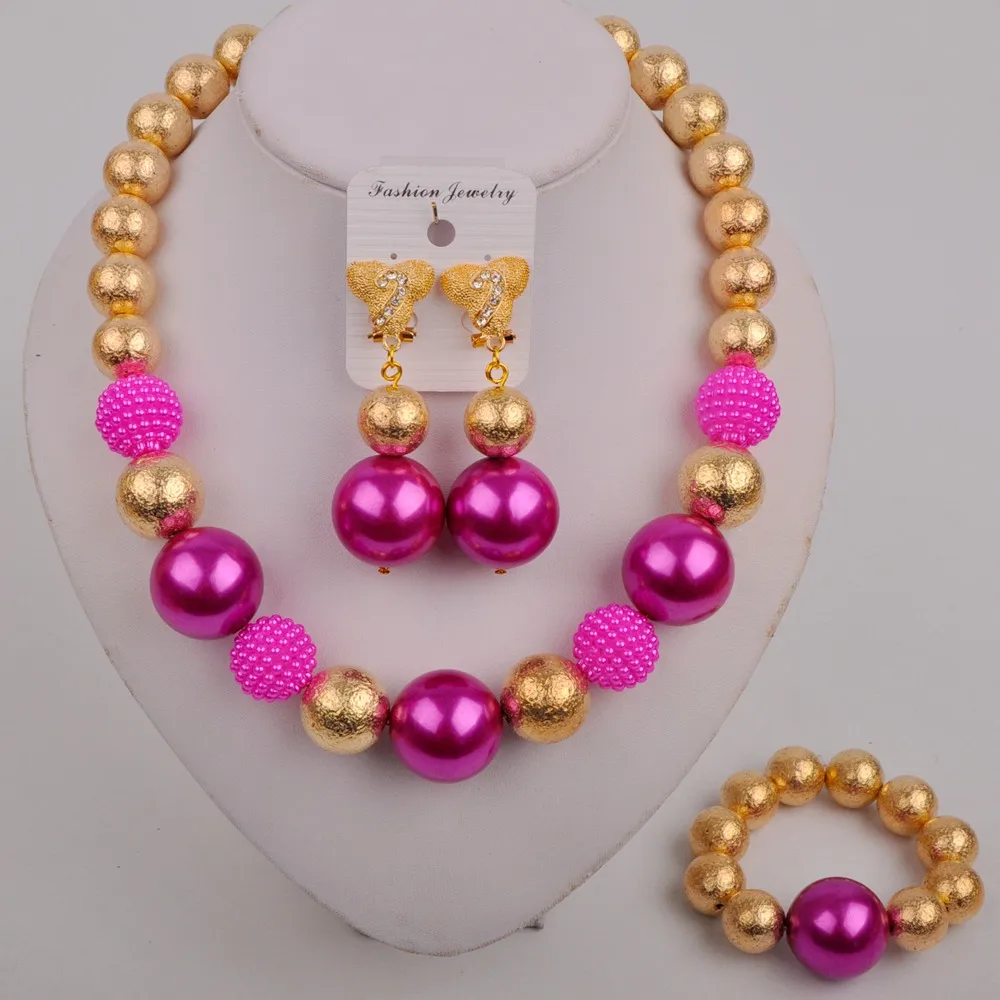 Wedding Jewelry Nigerian Bride Fuchsia Pink Glass Pearl Necklace Wedding Jewelry African Wedding Costume Accessory Set SH-46