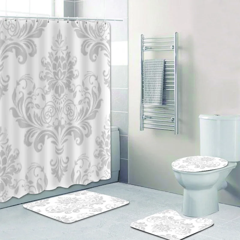 Luxury Silver Gray and White Baroque Shower Curtain Set Victorian Damask Floral Graphic Bathroom Curtain Bath Mats Home Decor