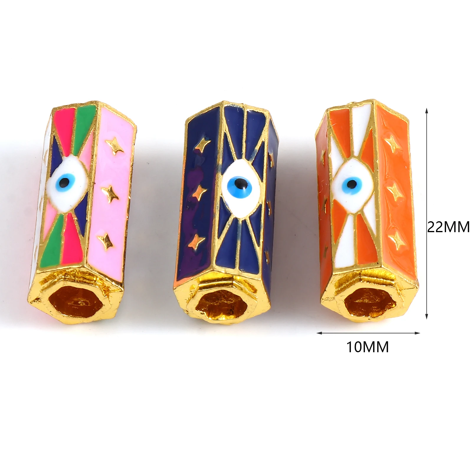 1 Piece  Religious Large Hole Charm Beads Enamel Evil Eye Metal Hexagonal Prism  Loose Beads Gold Color For DIY Jewelry Pendants