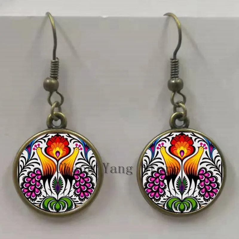 2020 new Polish folk art picture fashion earrings, glass convex round modern paper-cut element earrings
