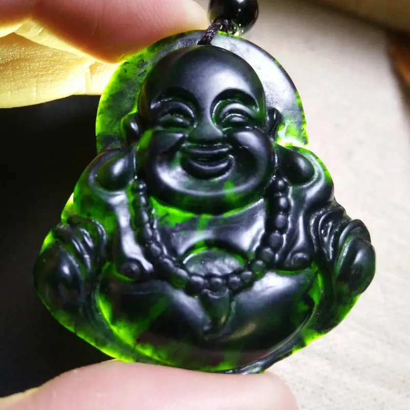 

Pure Natural Medicine King Graphite Green Jade Maitreya Buddha Smile Buddha Pendant Women's Simple Pendant Jewelry