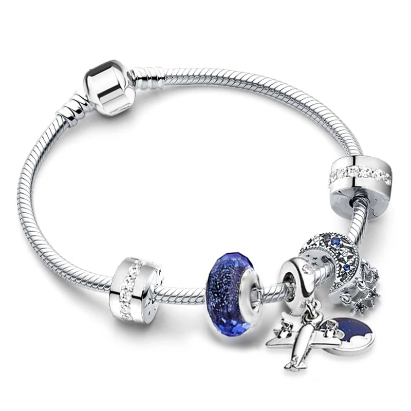 BAOPON 2023 New Silver Color Charm Bracelets With Blue Star Moon Beads Pendant For Women Space Series Jewelry Gift Dropshipping