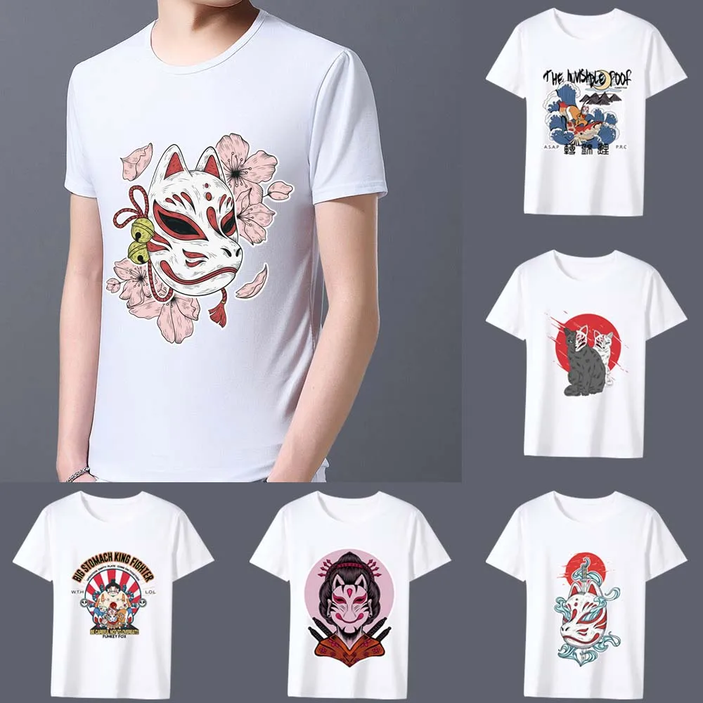 Men's T-Shirt ese Style Comics Mask Pattern Series Male Tee Shirt Dropshipping White Classic O-neck Man Short-sleeved Tops