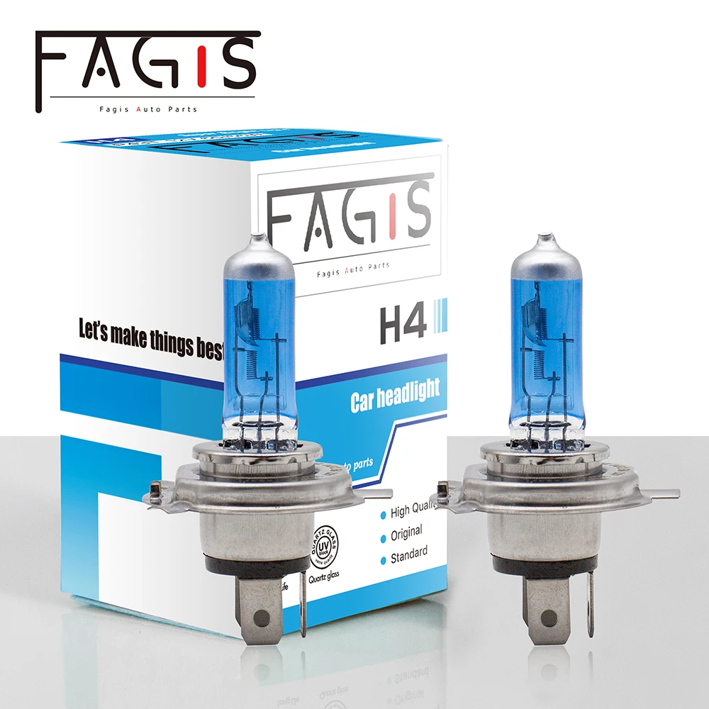 Fagis 2 pçs eua marca h4 12v 60/55w super brilhante branco farol do carro azul luzes de automóvel lâmpada halogéneo condução uv quartzo vidro