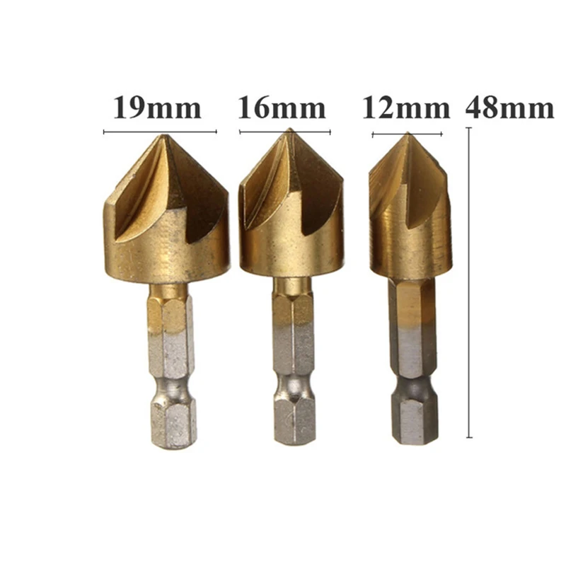 6pc Countersink Drill Bit Set 1/4\'\' Hex Shank HSS 5 Flute Countersink 90 Degree Wood Chamfering Cutter Chamfer 6mm-19mm Tool Set