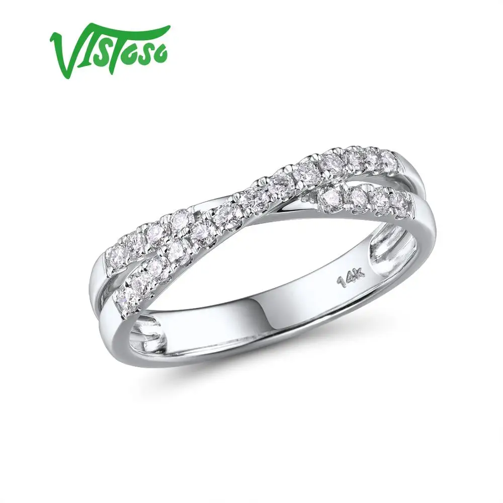 VISTOSO Pure 14K 585 White Gold Rings For Women Sparkling Diamond Cross Twine Ring Promise Engagement Anniversary Fine Jewelry