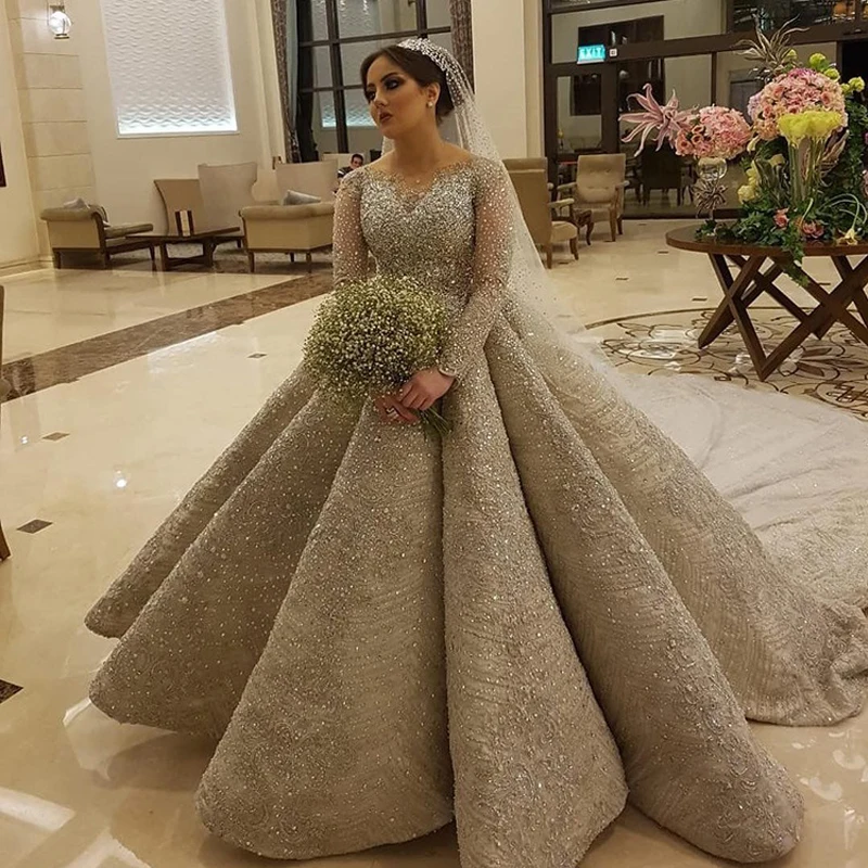 Haute Couture Luxury Princess Wedding Dress Crystal Beads Sheer Neck Long Sleeve Formal Heavy Quality Ball Gown Bride Gowns