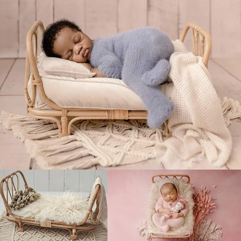 2024 Handmade Retro Woven Rattan Bed Portable Props Newborn Photography Accessories for Bebe Photo Studio Baby Shoot Posing Prop