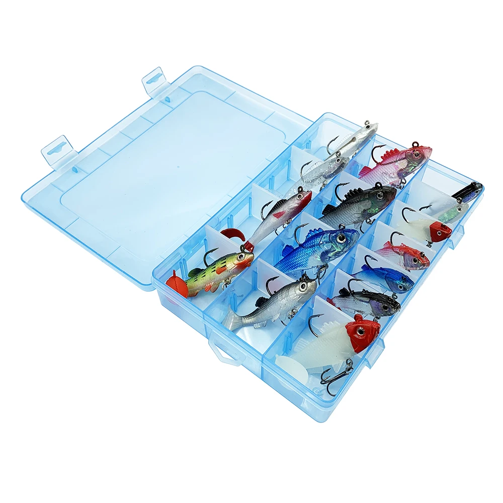 

15pcs/lot Sink Fish Soft Bait Set Fishing Lure Kit Wobblers Jig Head Silicone Swimbait Lifelike Sea Bass Carp pike Pesca in box