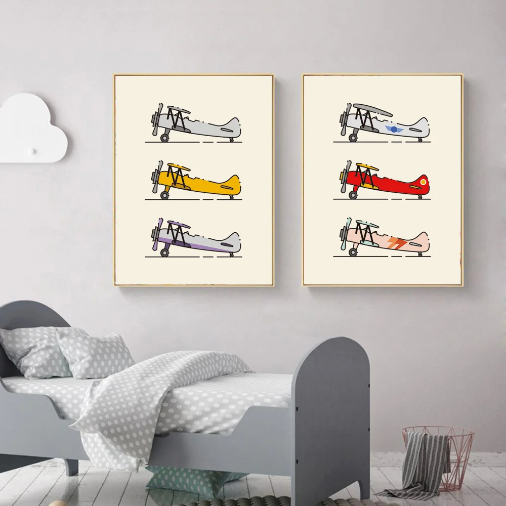 Nordic Cartoon Art Decor Biplane Airplane Picture Quality Canvas Painting Home Decor Poster Nursery Kids Room Wall Decor