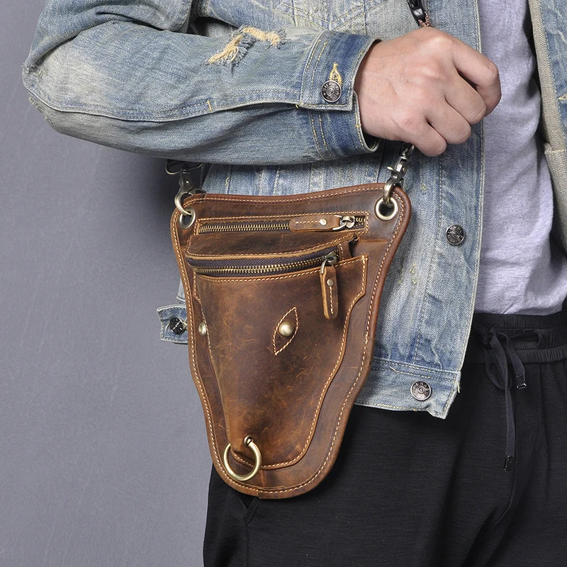 Genuine Real Leather Men Design Casual Brown Classic Shoulder Sling Bag Fashion Travel Fanny Waist Belt Pack Leg Bag 833