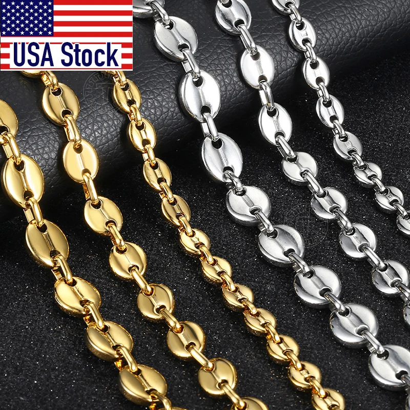 Coffee Beans Link Chain 7/9/11MM Necklace Gold Color Silver Color Stainless Steel Men Women Geometric Rope Jewelry Wholesale