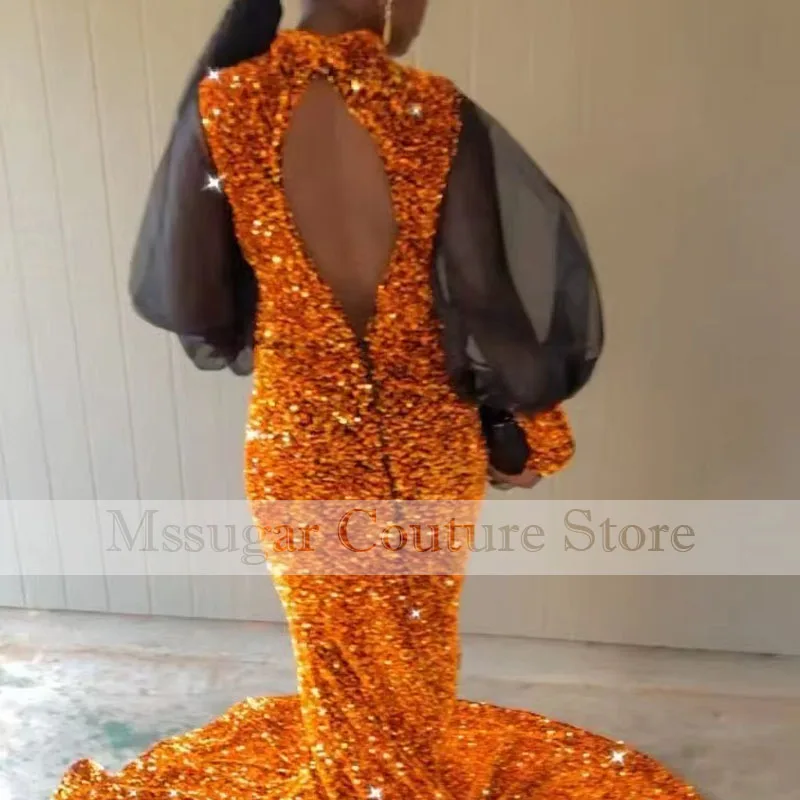 2021 Aso Ebi abiti da ballo a sirena con paillettes Illusion maniche lunghe Backless abiti da festa informali abito da sera africano