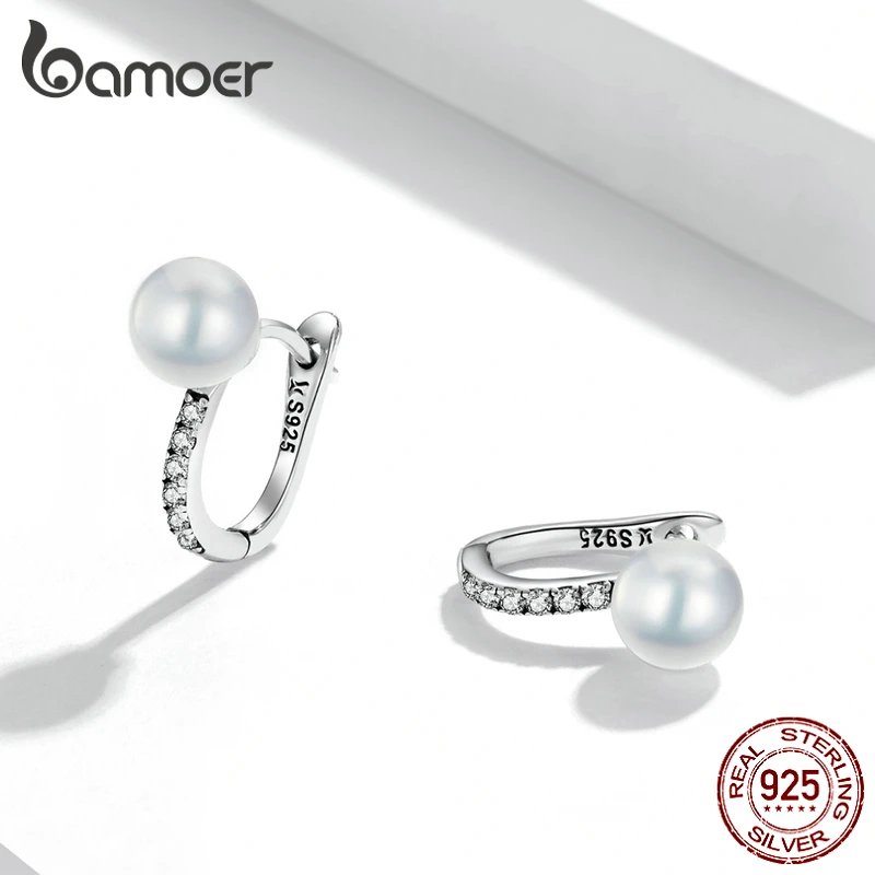 BAMOER Shell Pearl klamry do uszu 925 Sterling Silver Simple Style stylowe kolczyki dla kobiet prezent ślubny koreańska biżuteria kolczyki