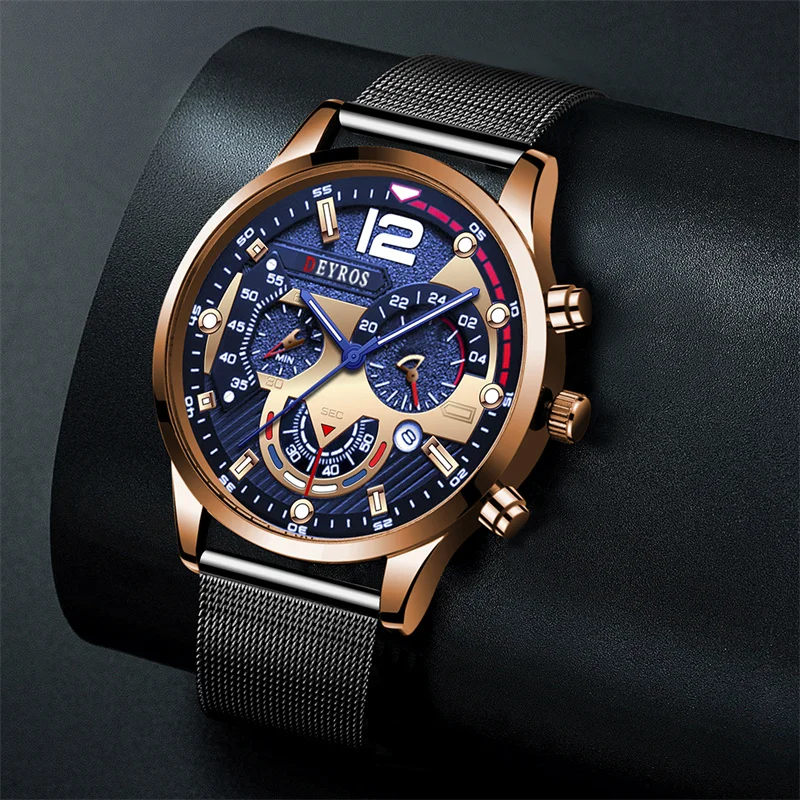 Fashion Men\'s Watches Stainless Steel Mesh Belt Quartz Watch for Men 2023 Male Business Calendar Luminous Hands Leather Clock