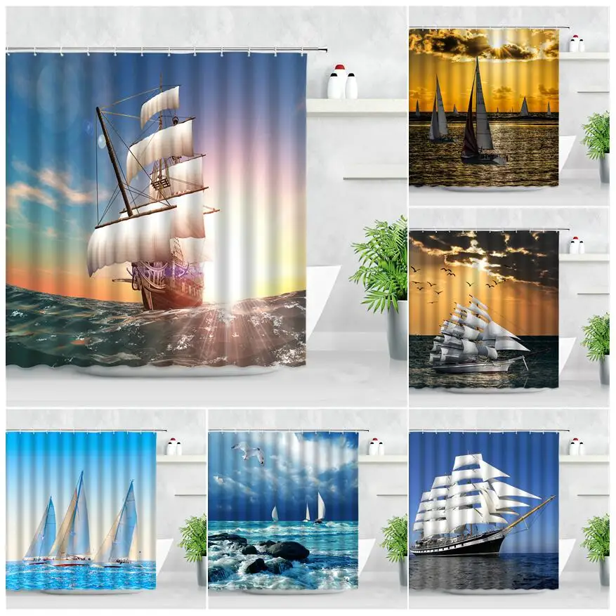 Modern Simplicity Waterproof Fabric Shower Curtains Sunset Sailing Boat Reef Bird Ocean Scenery 3D Print Bathroom Decor Curtain