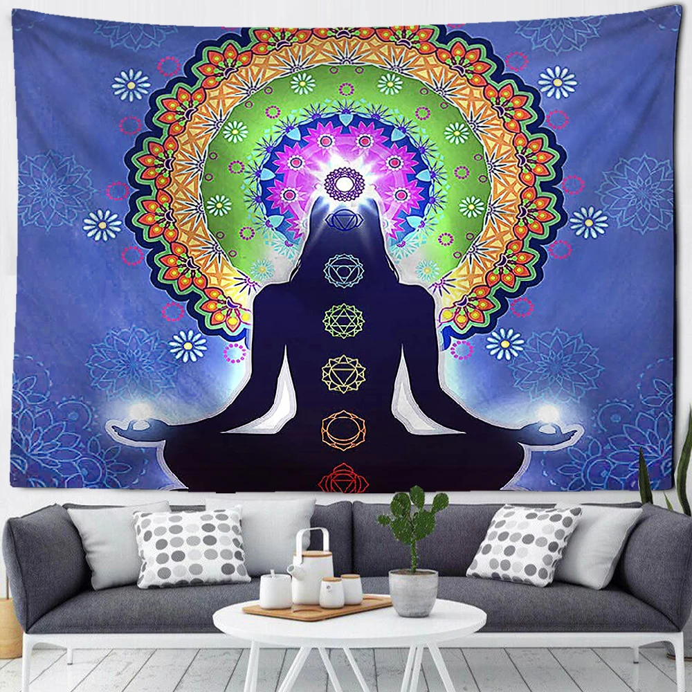 Wall Hanging Indian Buddha, Meditation 7 Chakras Tapestry Wall Hanging, Mandala Psychedelic Yoga Tapestry, Bohemian Hippie Backg