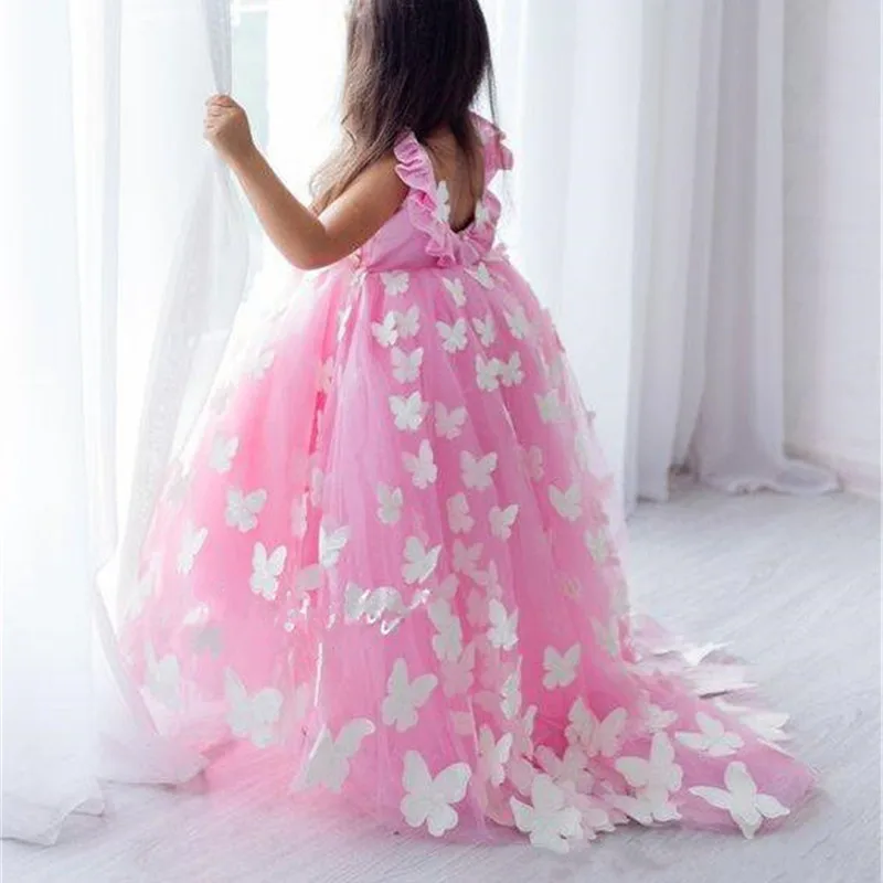 Doce artesanal borboletas rosa flor menina vestido para ocasião especial sem mangas sem costas vestidos de princesa menina pageant