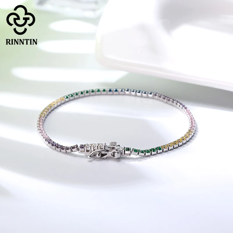 Rinntin 100% 925 Sterling Silver Infinity Women Tennis Bracelet with Colorful AAAA Zircon Bangle Wedding Jewelry Gifts TSB62