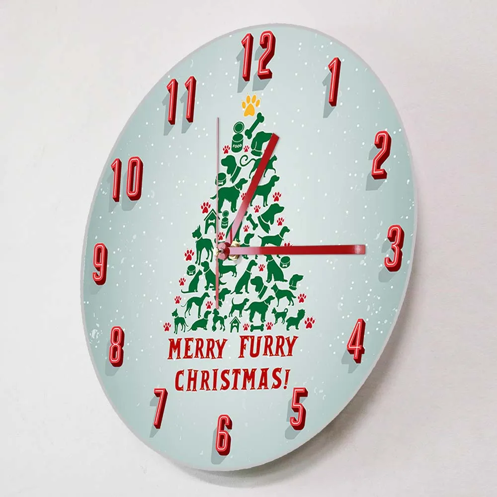 Merry Furry Christmas Wall Clock Cat And Dog Pet Owners Home Décor Clock Silent Swept Wall Watch For Bedroom Animals Lovers Gift