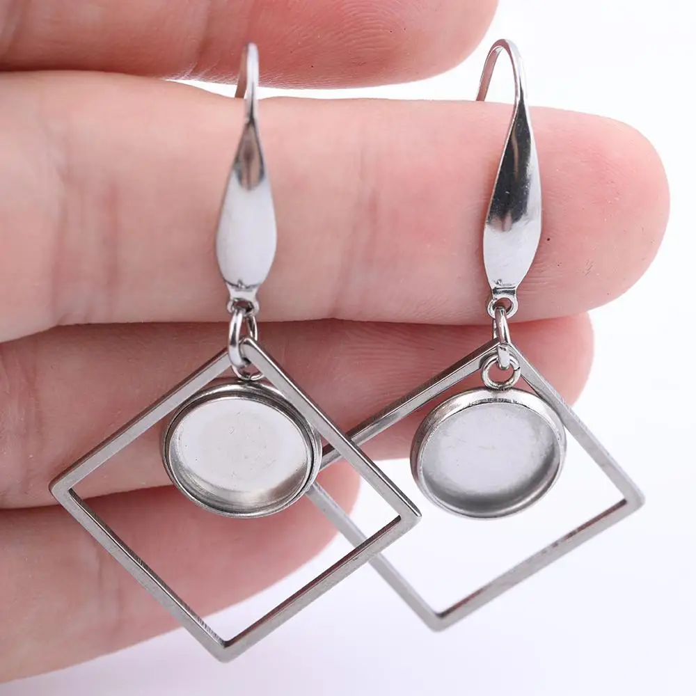 10pcs Fit 10mm Round Cabochon Earring Settings Diy Stainless Steel Blank Base Bezels With Square Frame Charms For Making