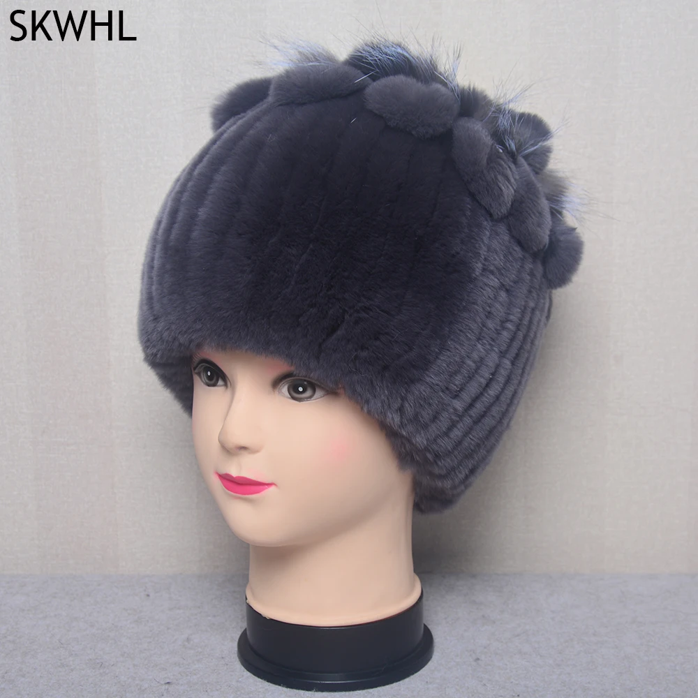 Fashion Fur Hats for Women Winter Real Rex Rabbit Hat Fox Fur Knitting Female Warm Snow Caps Ladies Elegant Princess Beanies Cap