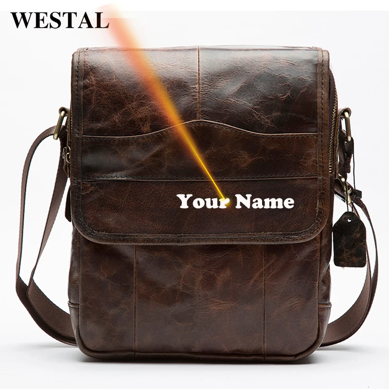 WESTAL Engraving Men\'s Shoulder Bags Male Genuine Leather Cover Messenger Bags for ipad Vintage Bag Mens Leather Crossbody Bag