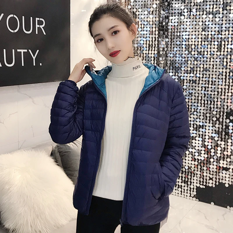 NEW Brand Women Double Side Jacket Ultra Light 90% White Duck Down Jacket Hooded Windbreakers Reversible Lightweight Warm Coats