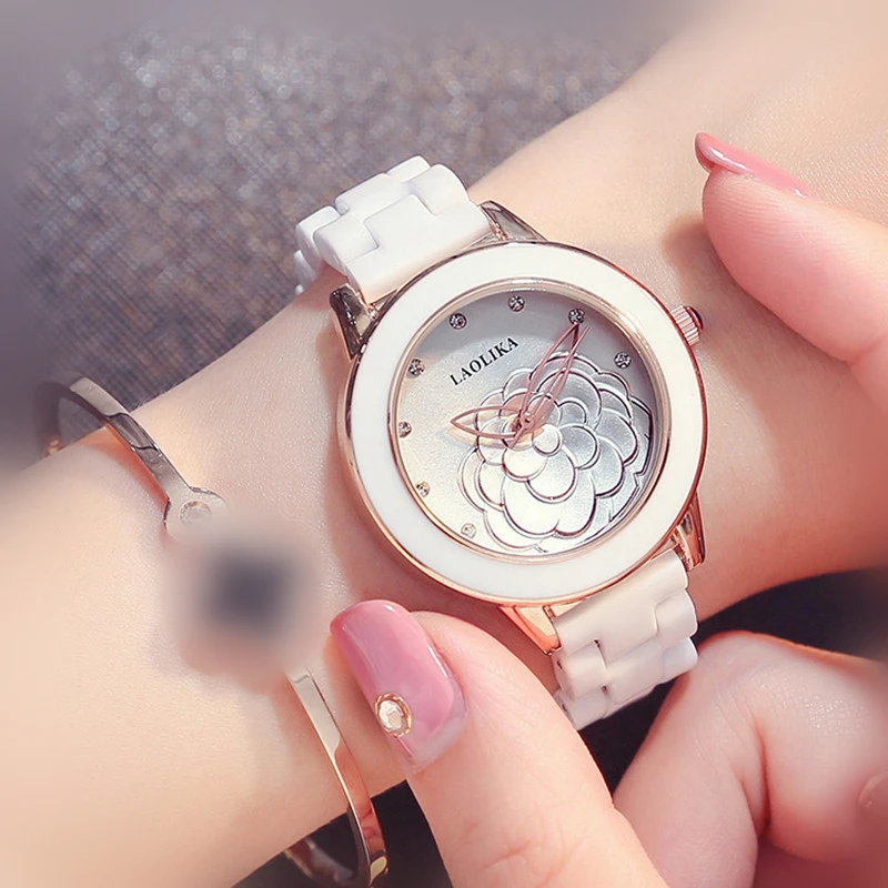 Bracelet Clasp Fashion & Casual Gift Quartz Watch Trend Ladies Ceramics Petal pattern Golden pointer Wrist Watches for Women