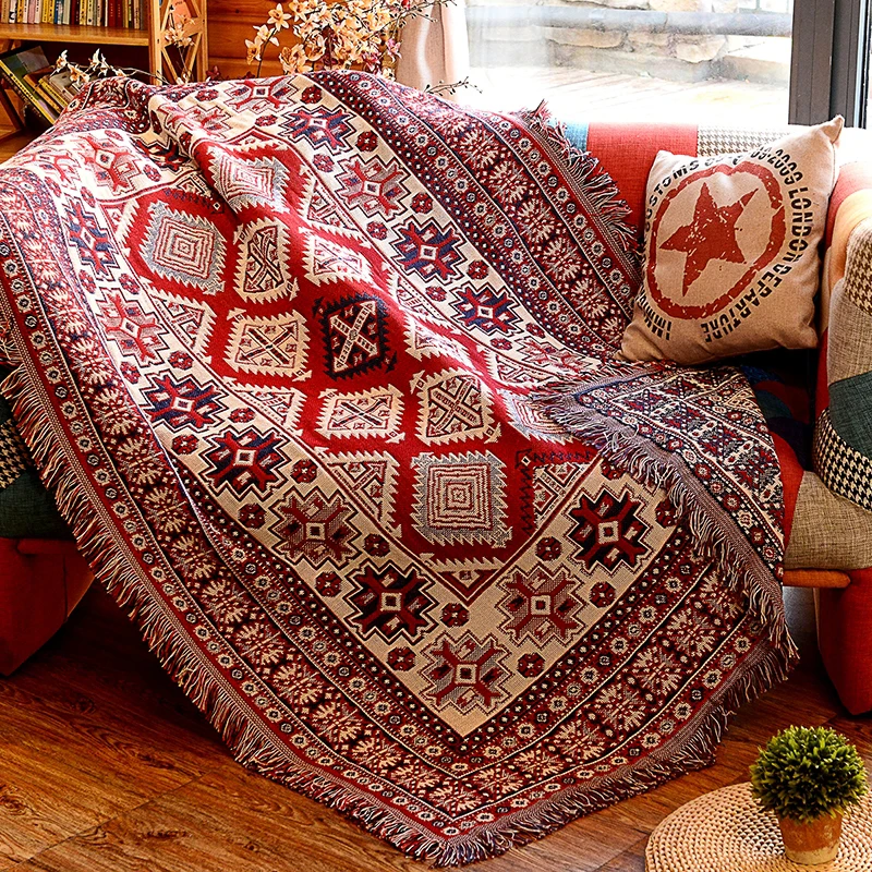 Retro Plaid Winter Cotton Linen Woven Line Blanket Sofa Towel Knit Thickened Warm Pad Mat Bohemian Boho Throw Travel Bedspread