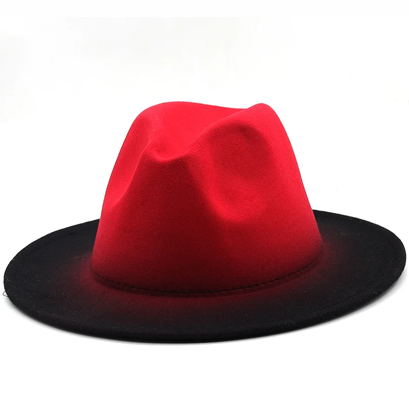 Simple Women Men Vintage Trilby Felt Fedora Hat With Wide Brim Gentleman Elegant Gradient Color For Lady Winter Red Jazz Caps