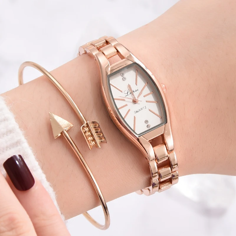 Women Bracelet Watch Rose Gold Fashion Luxury Stainless Steel Wrist Watch Rhinestone Ellipse Creative Ladies Dress Quartz Watch